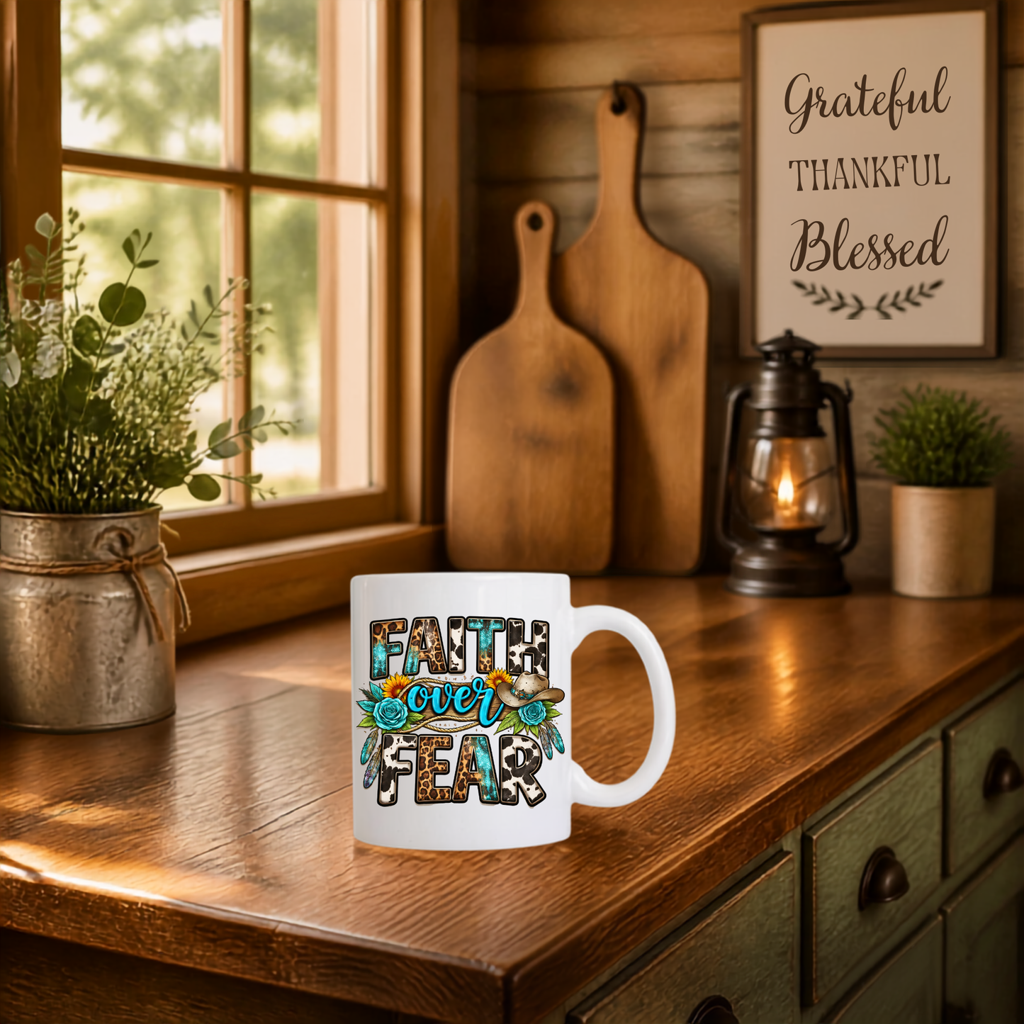 Rustic "Faith Over Fear" 11 oz Ceramic Coffee Mug