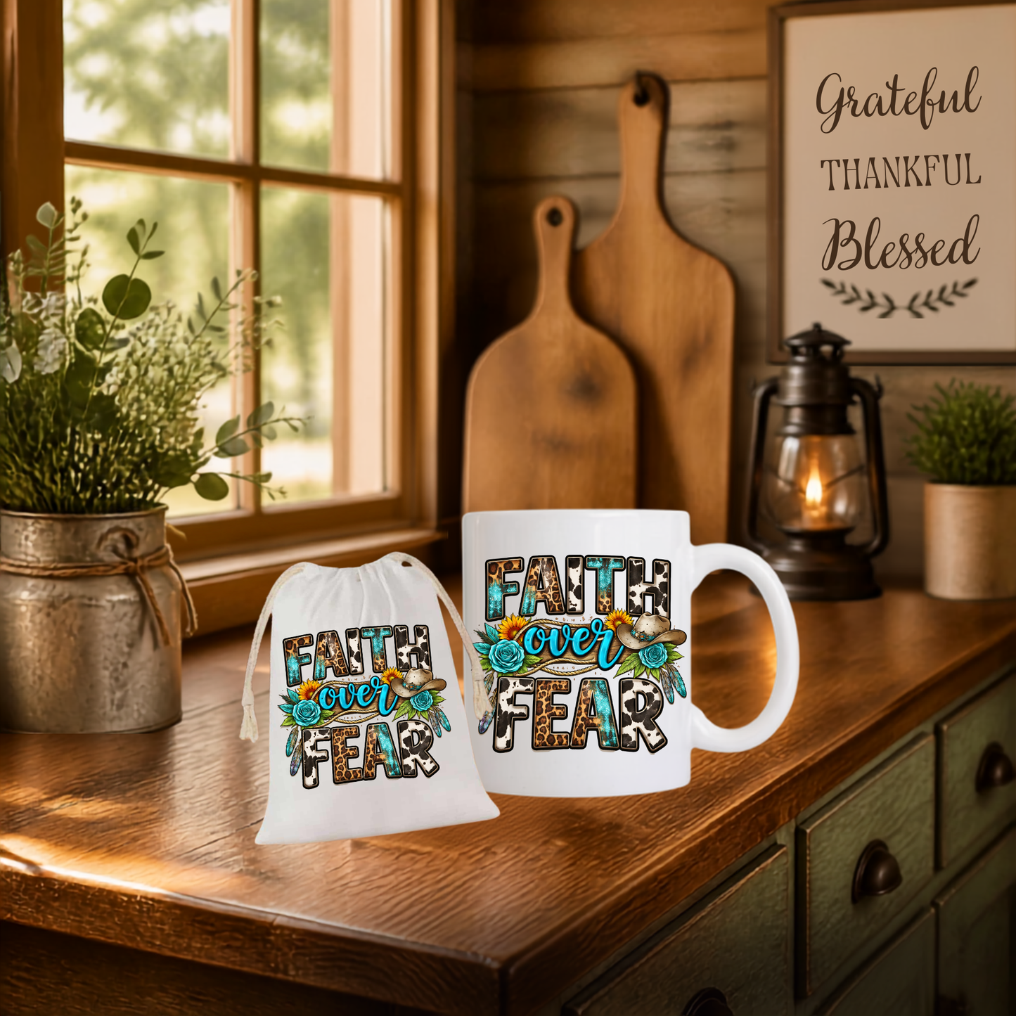 "Faith Over Fear" Mug & Matching Drawstring Gift Bag Set