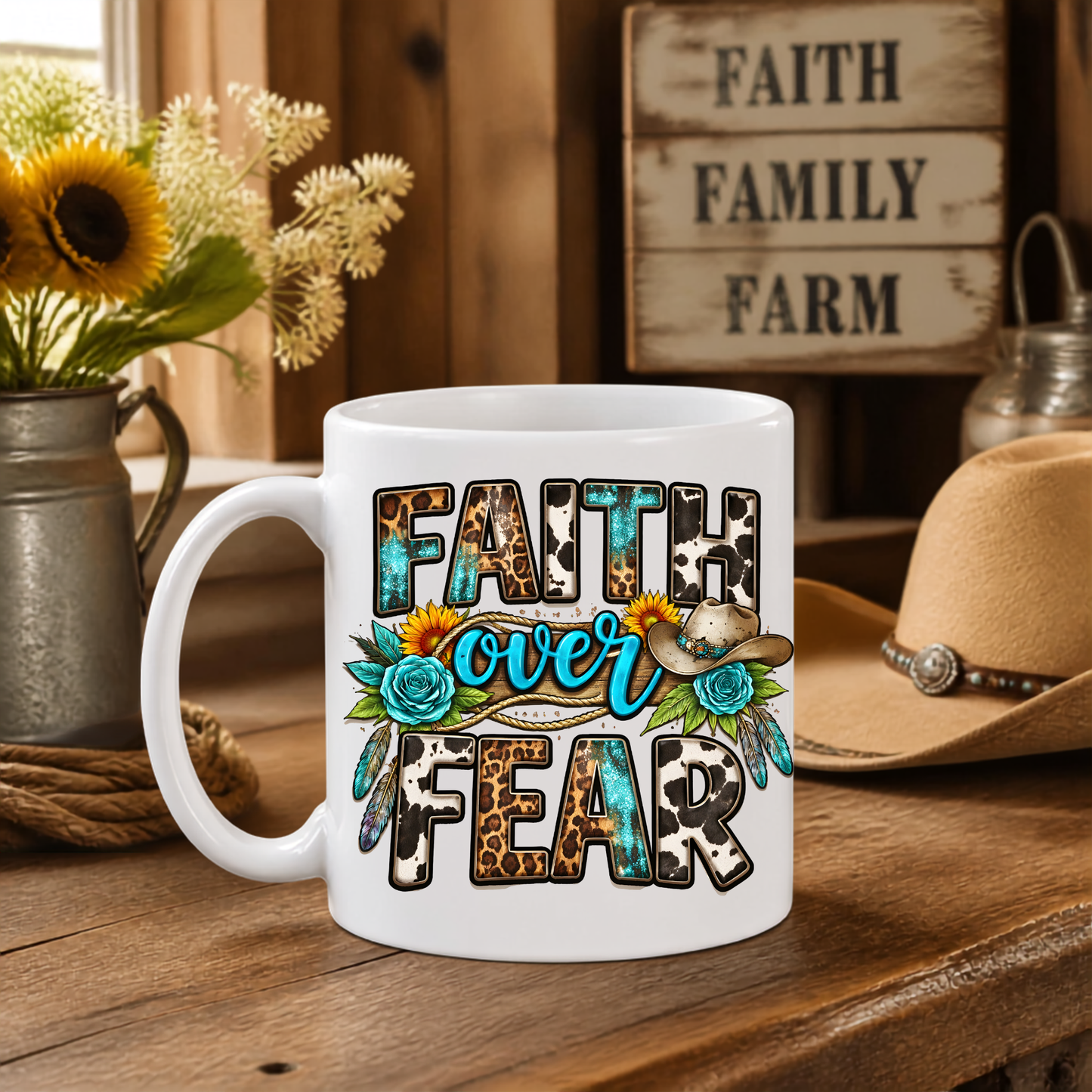 Rustic "Faith Over Fear" 11 oz Ceramic Coffee Mug