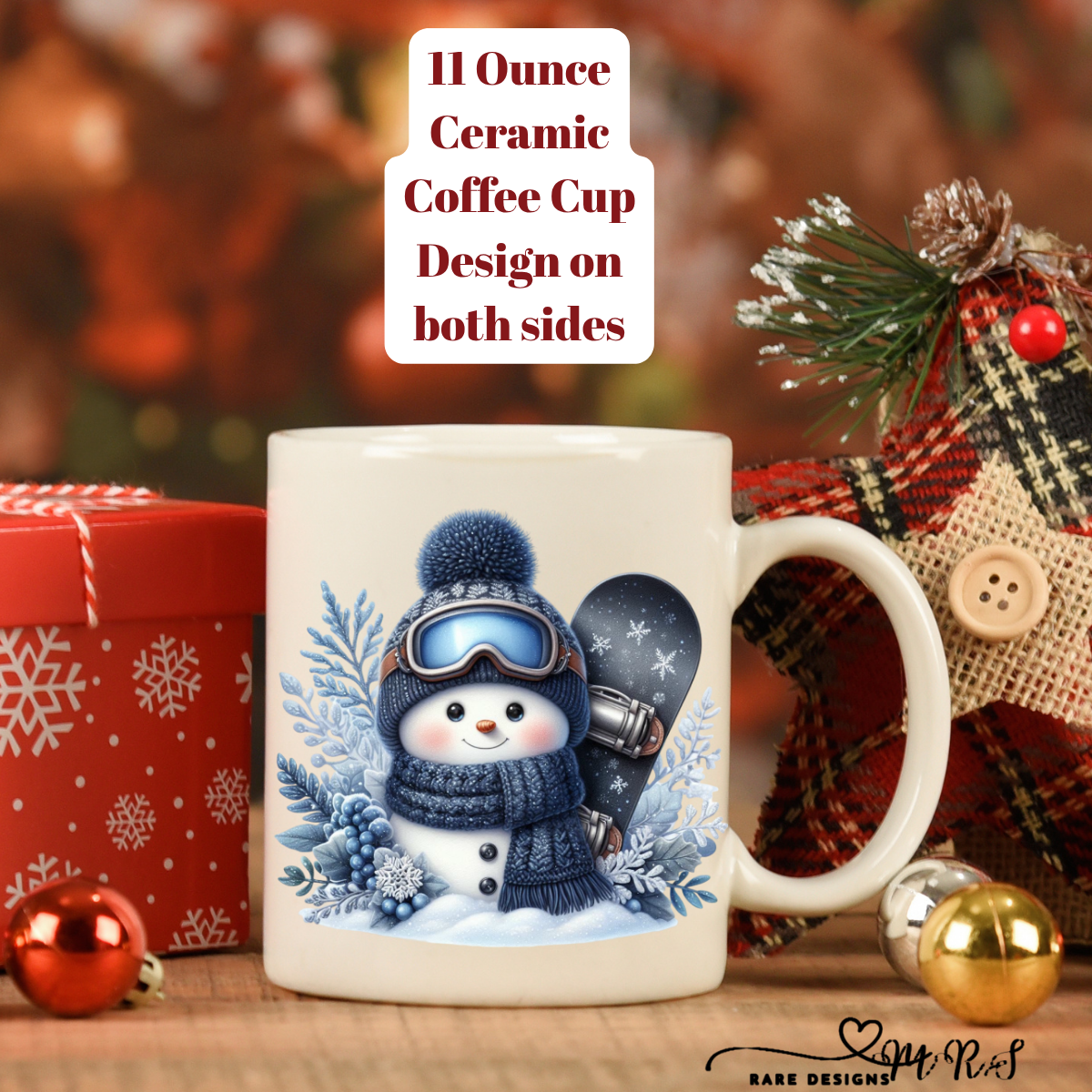 Blue Snowman Christmas Coffee Cups – 11 oz Ceramic Mugs (Design on Both Sides)