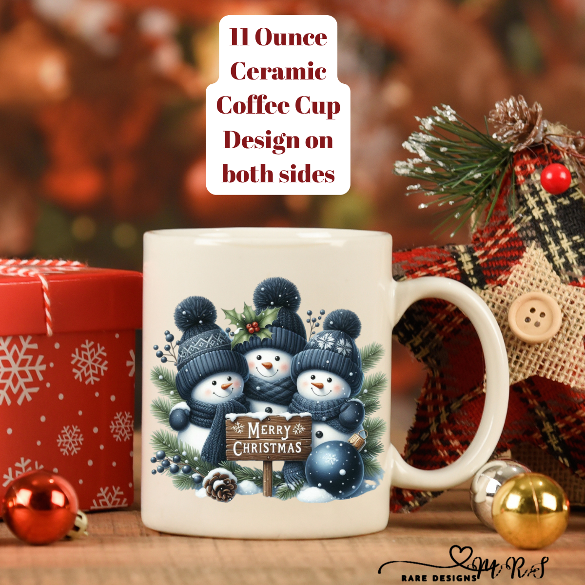 Blue Snowman Christmas Coffee Cups – 11 oz Ceramic Mugs (Design on Both Sides)