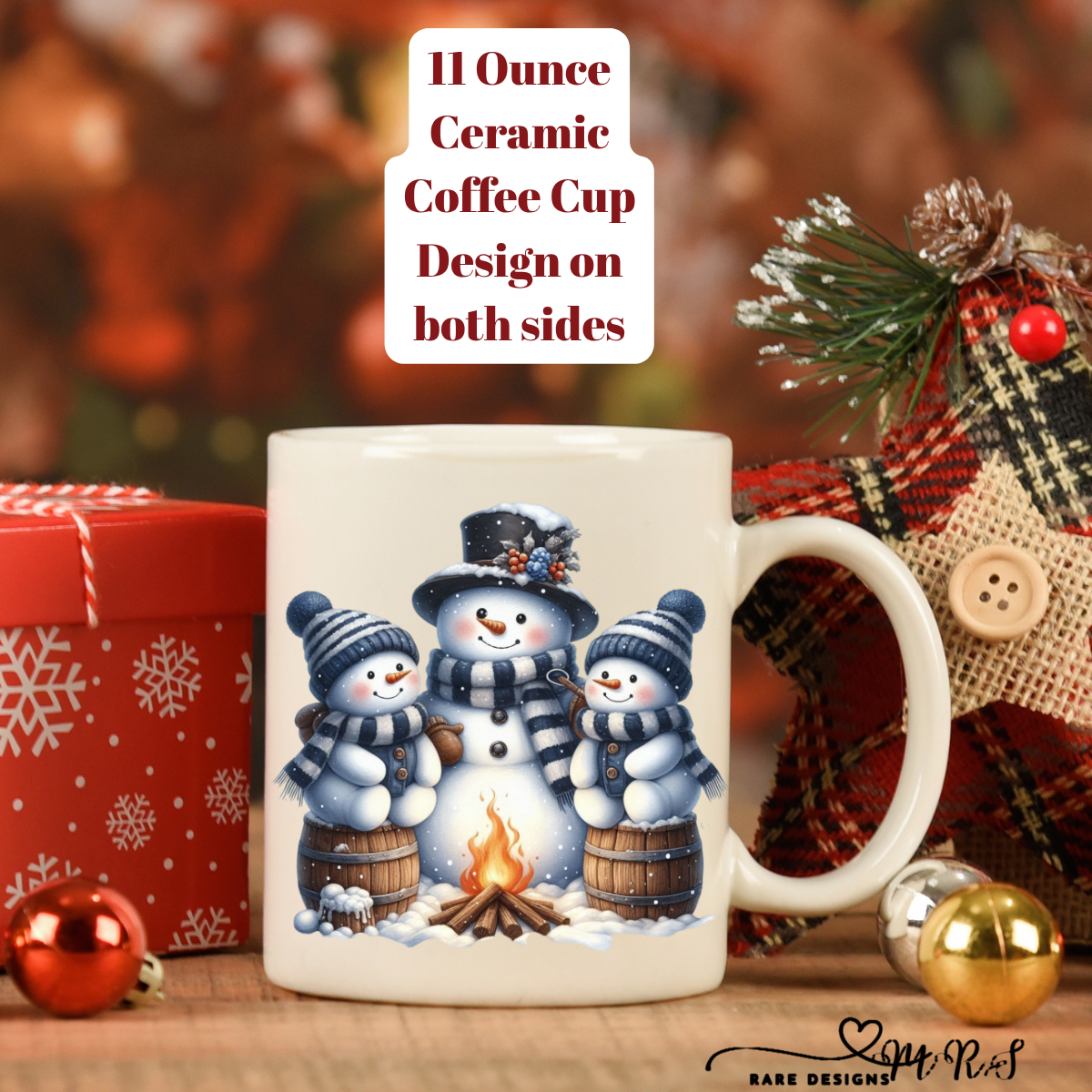 Blue Snowman Christmas Coffee Cups – 11 oz Ceramic Mugs (Design on Both Sides)