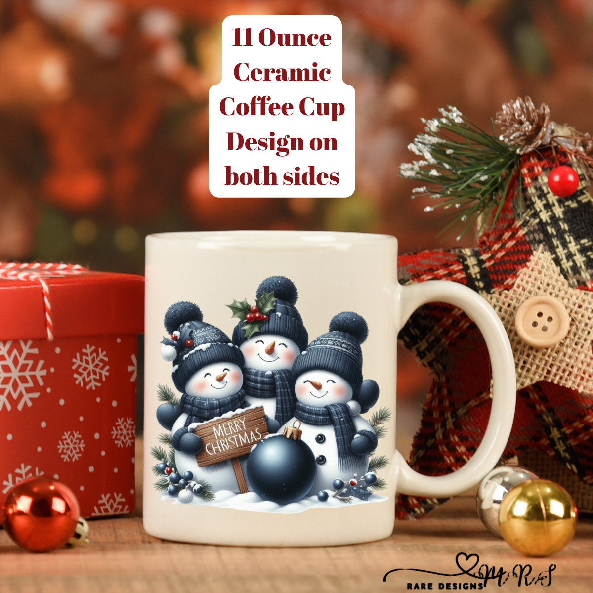 Blue Snowman Christmas Coffee Cups – 11 oz Ceramic Mugs (Design on Both Sides)