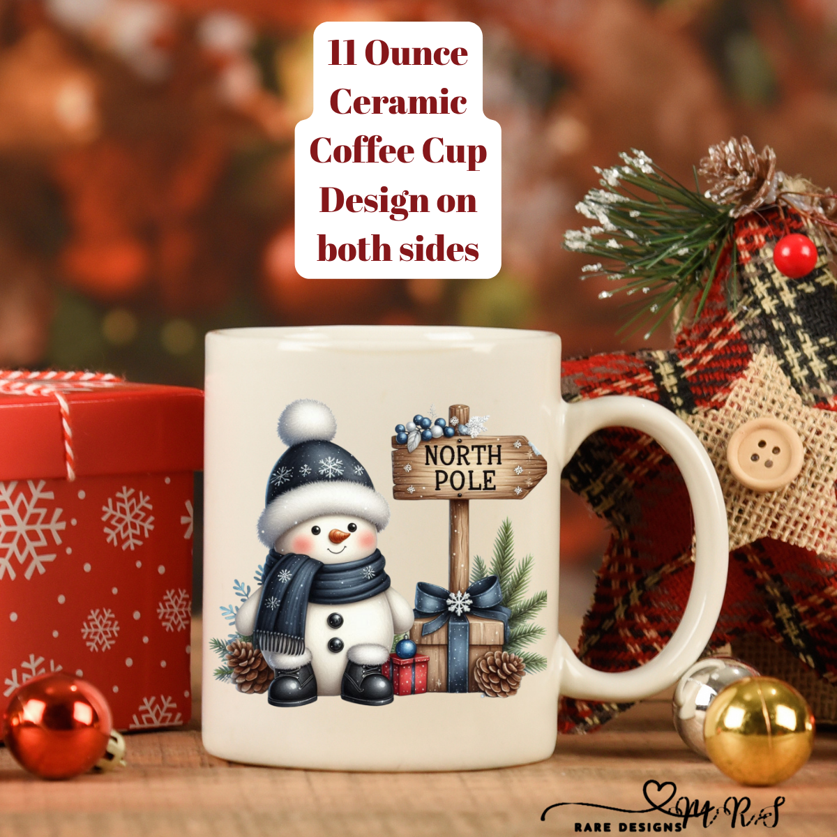 Blue Snowman Christmas Coffee Cups – 11 oz Ceramic Mugs (Design on Both Sides)