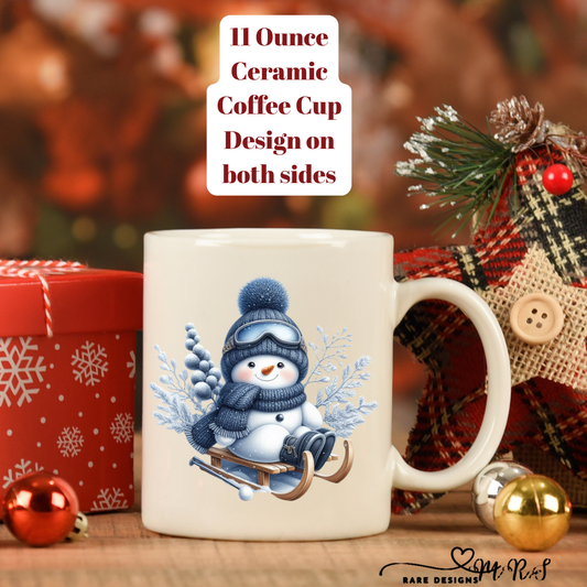 Blue Snowman Christmas Coffee Cups – 11 oz Ceramic Mugs (Design on Both Sides)