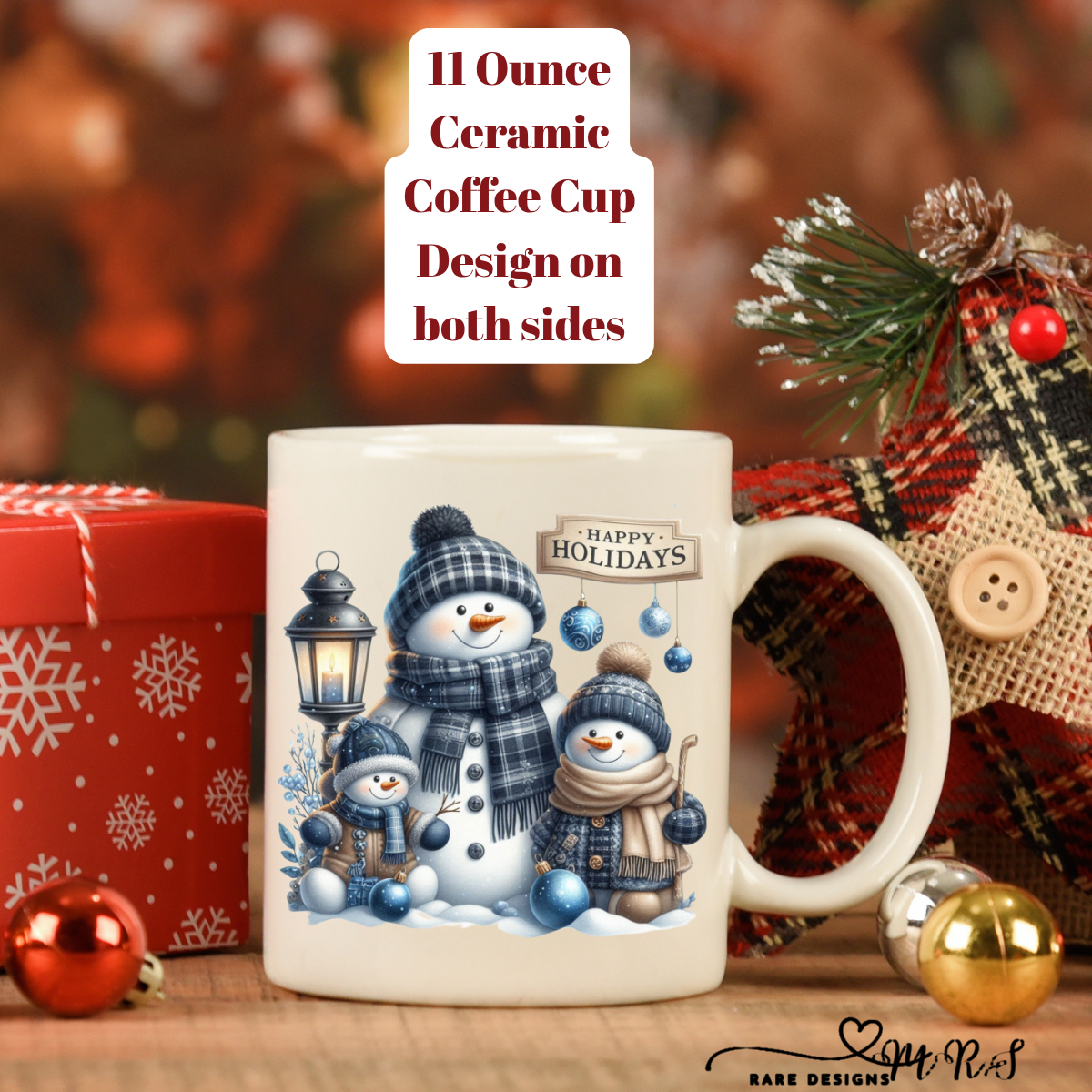 Blue Snowman Christmas Coffee Cups – 11 oz Ceramic Mugs (Design on Both Sides)
