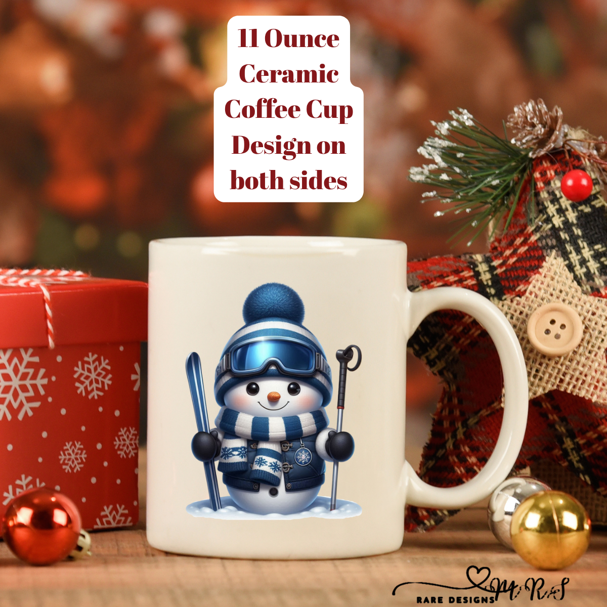Blue Snowman Christmas Coffee Cups – 11 oz Ceramic Mugs (Design on Both Sides)