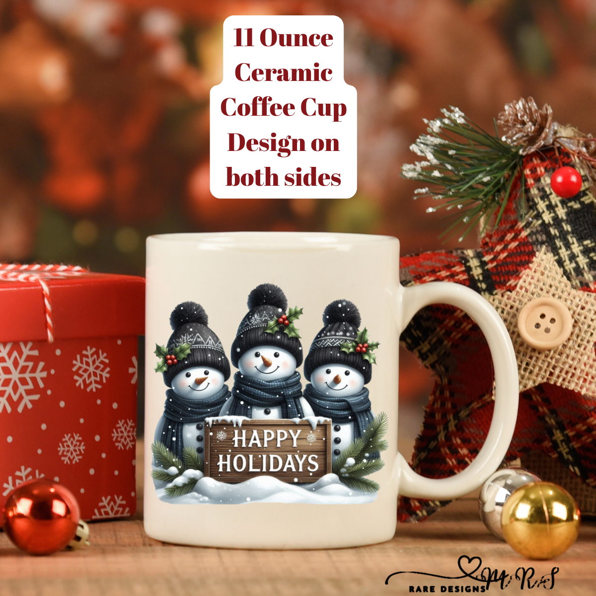 Blue Snowman Christmas Coffee Cups – 11 oz Ceramic Mugs (Design on Both Sides)