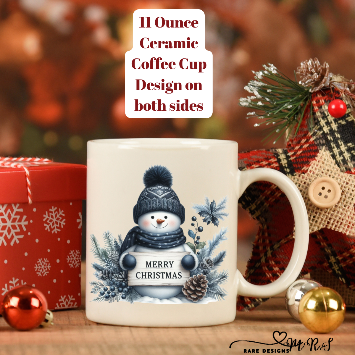 Blue Snowman Christmas Coffee Cups – 11 oz Ceramic Mugs (Design on Both Sides)