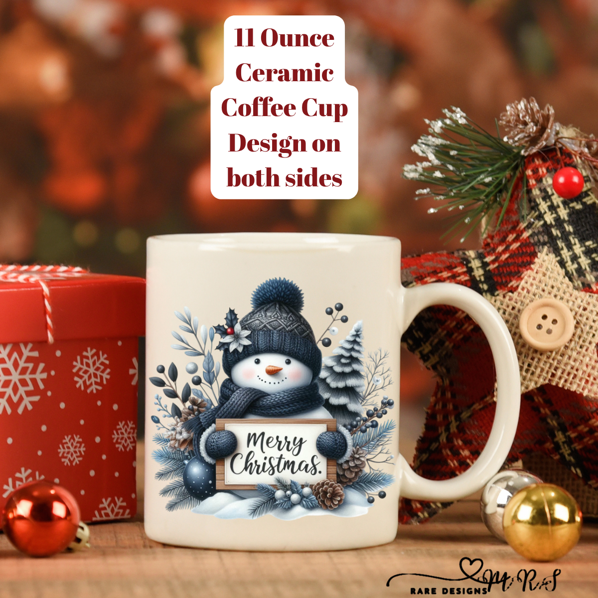 Blue Snowman Christmas Coffee Cups – 11 oz Ceramic Mugs (Design on Both Sides)