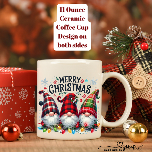 Plaid Hat Gnomes “Merry Christmas” Ceramic Mug — 11 oz, Double-Sided Print