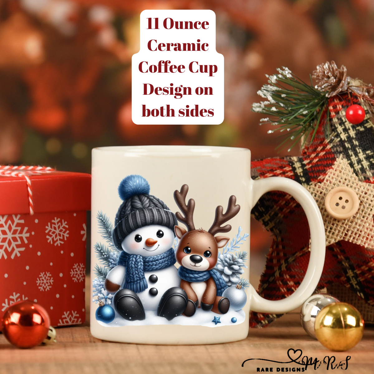 Blue Snowman Christmas Coffee Cups – 11 oz Ceramic Mugs (Design on Both Sides)