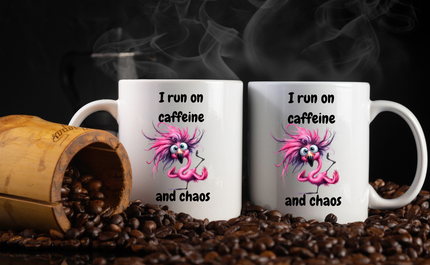 Caffeine & Chaos Flamingo Coffee Mug — 11 oz, Double-Sided Sublimation