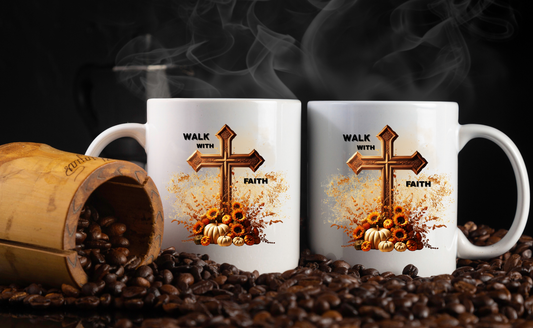 Walk With Faith Autumn Cross Mug – 11oz Ceramic (Front & Back Print)