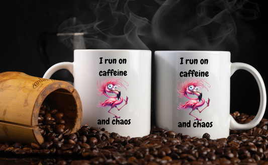 Caffeine & Chaos Flamingo Coffee Mug — 11 oz, Double-Sided Sublimation