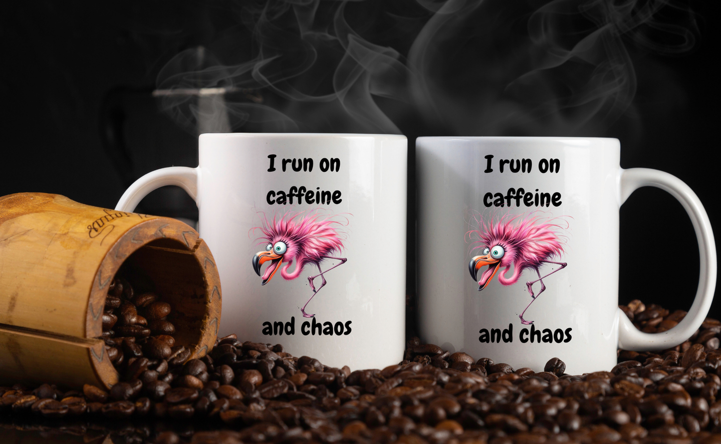 Caffeine & Chaos Flamingo Coffee Mug — 11 oz, Double-Sided Sublimation