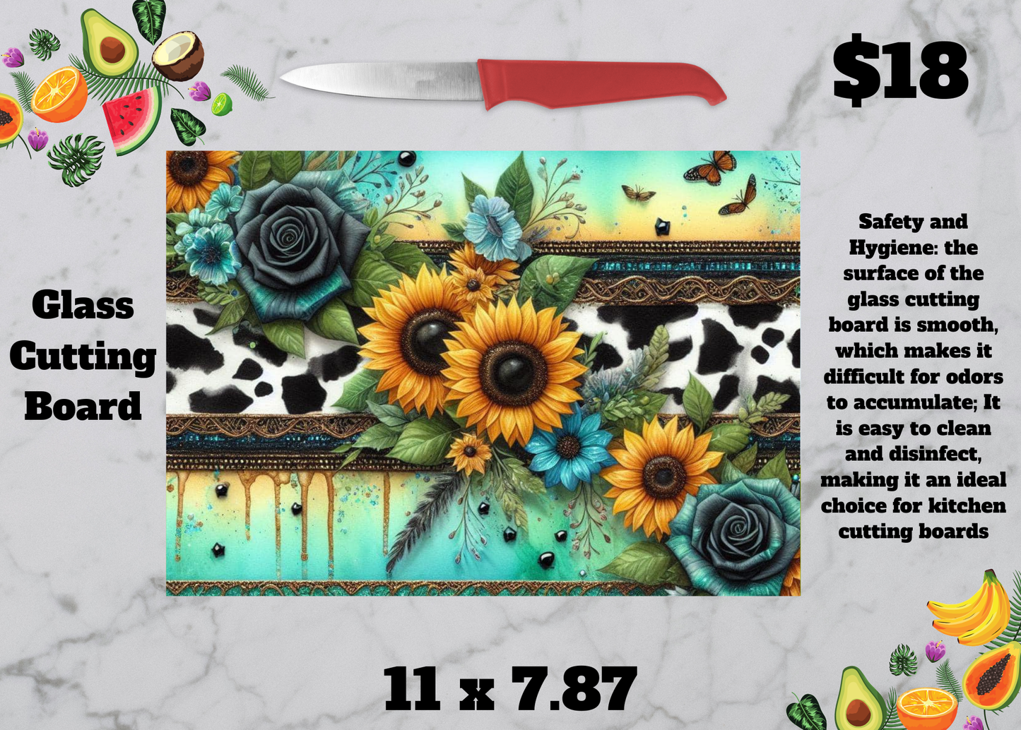 Sunflower and Cow Print Glass Cutting Board