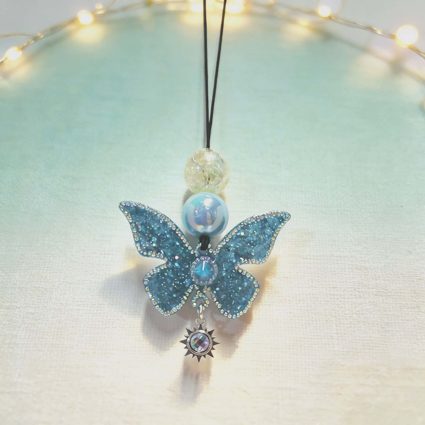 Handmade Blue Glitter Butterfly Resin Car Charm – Sparkling Rearview Mirror Hanging Decor