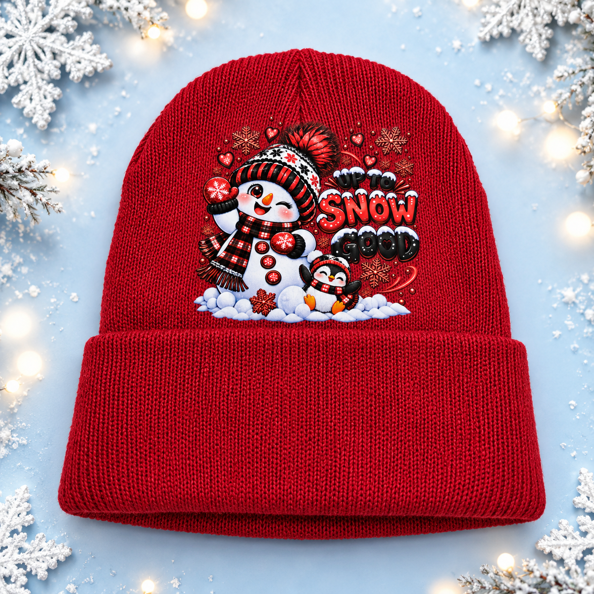 Up to Snow Good Red Kids’ Snowman & Penguin Beanie