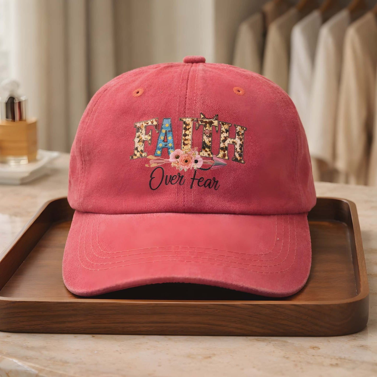 Faith Over Fear Leopard Floral Embroidered DTF Hat – Vintage Christian Baseball Cap