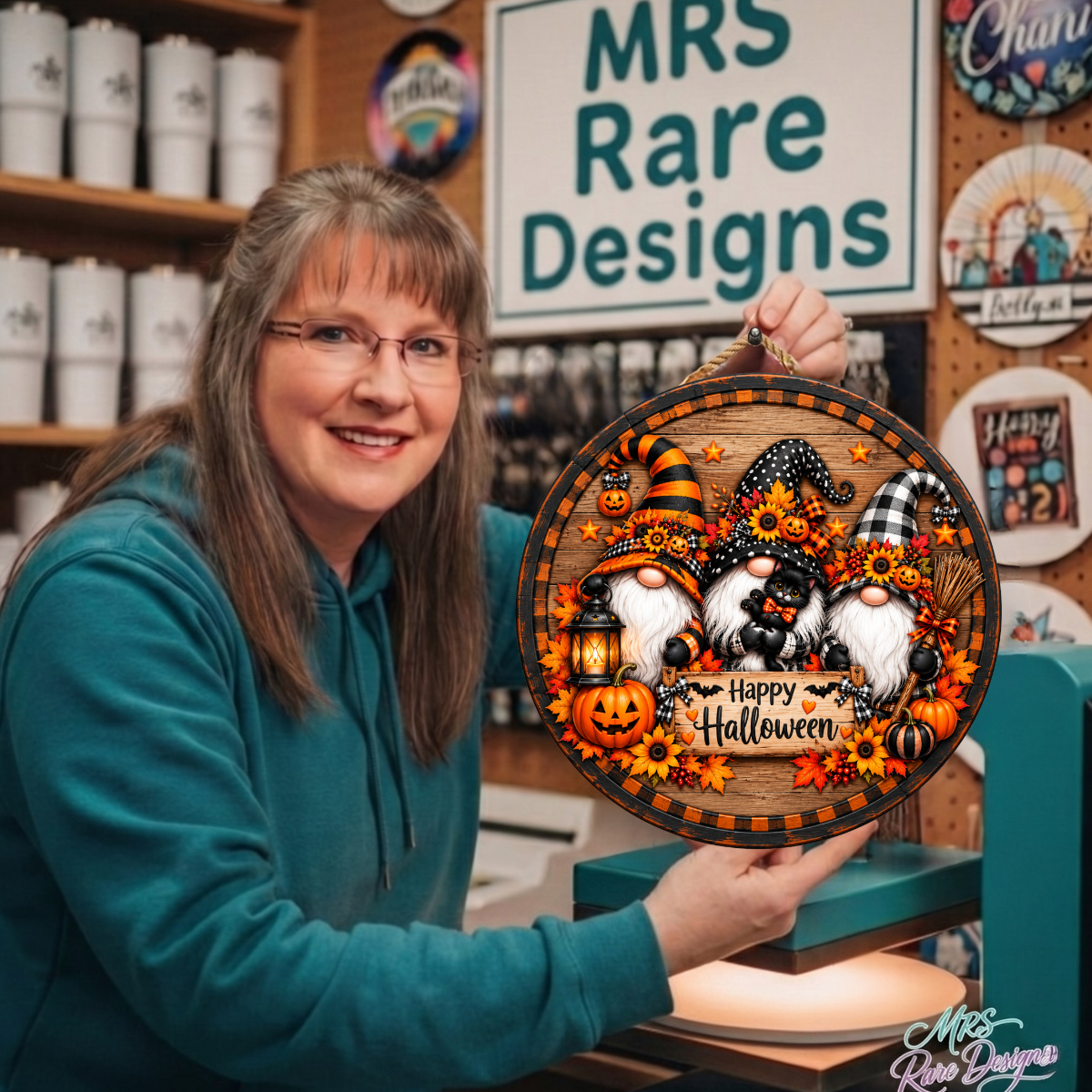 Gnome Sweet Gnome Halloween Door Sign – Whimsical Pumpkin & Sunflower Round Décor
