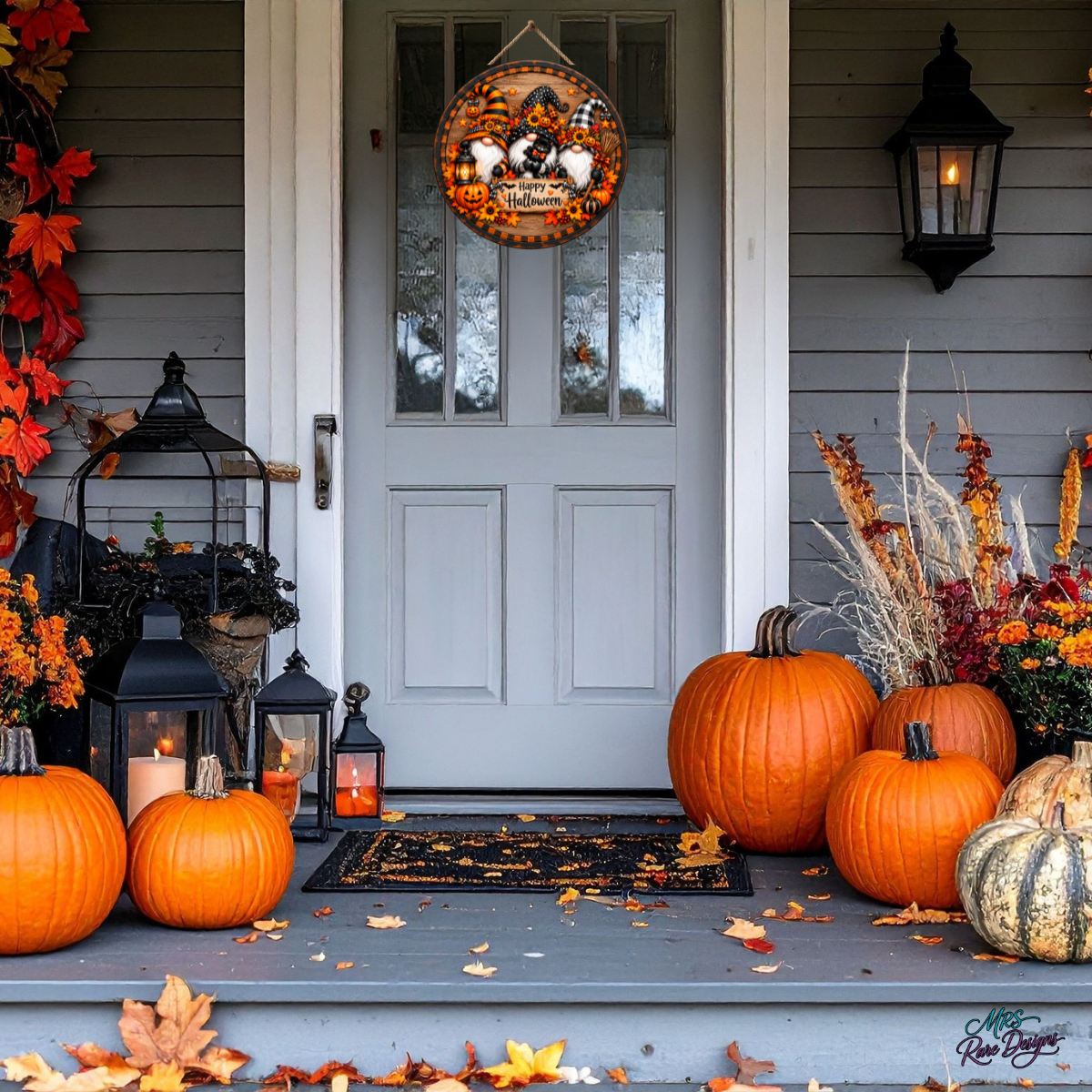 Gnome Sweet Gnome Halloween Door Sign – Whimsical Pumpkin & Sunflower Round Décor