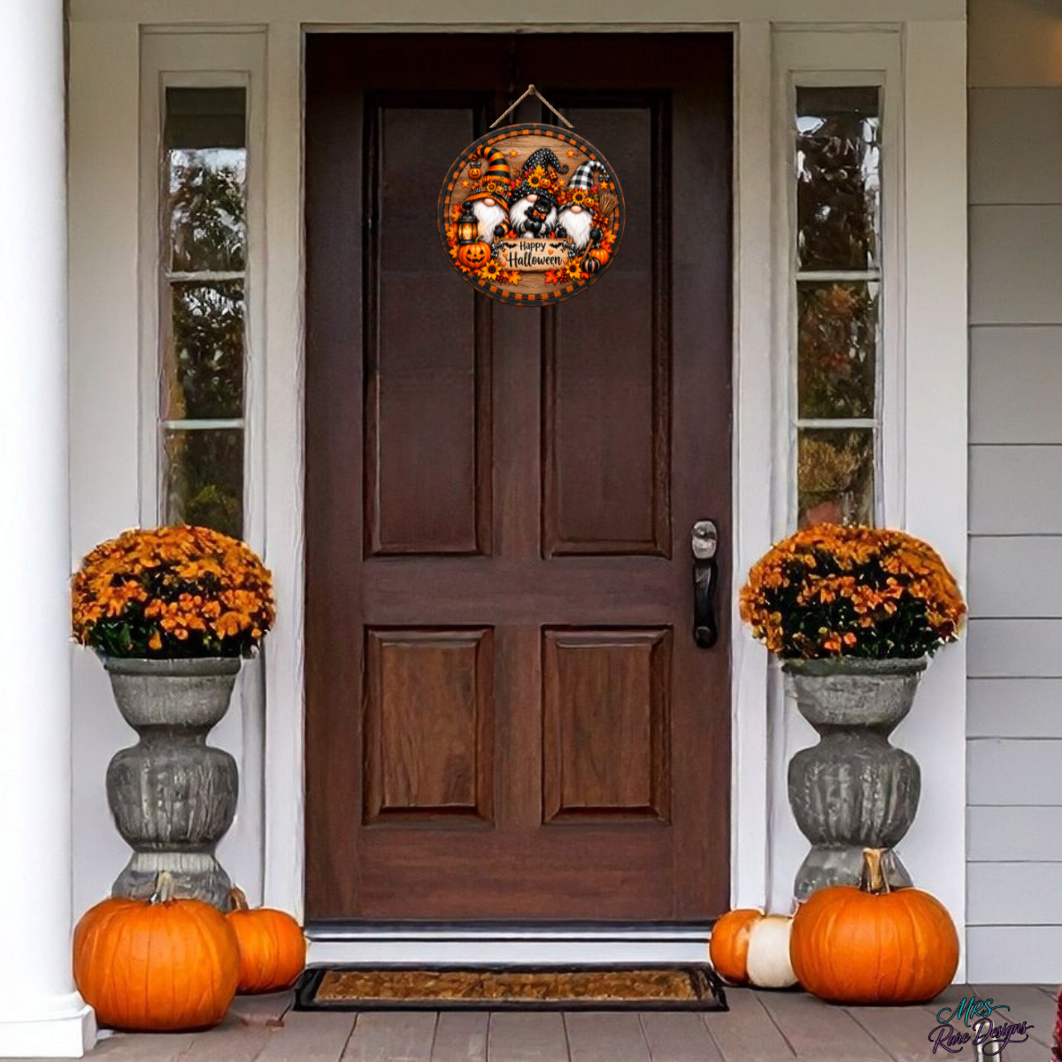 Gnome Sweet Gnome Halloween Door Sign – Whimsical Pumpkin & Sunflower Round Décor