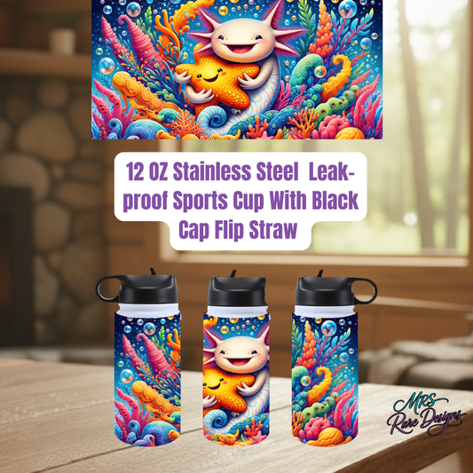 Undersea Axolotl Adventure 12oz Stainless Steel Leak-Proof Sports Cup with Black Cap Flip Straw