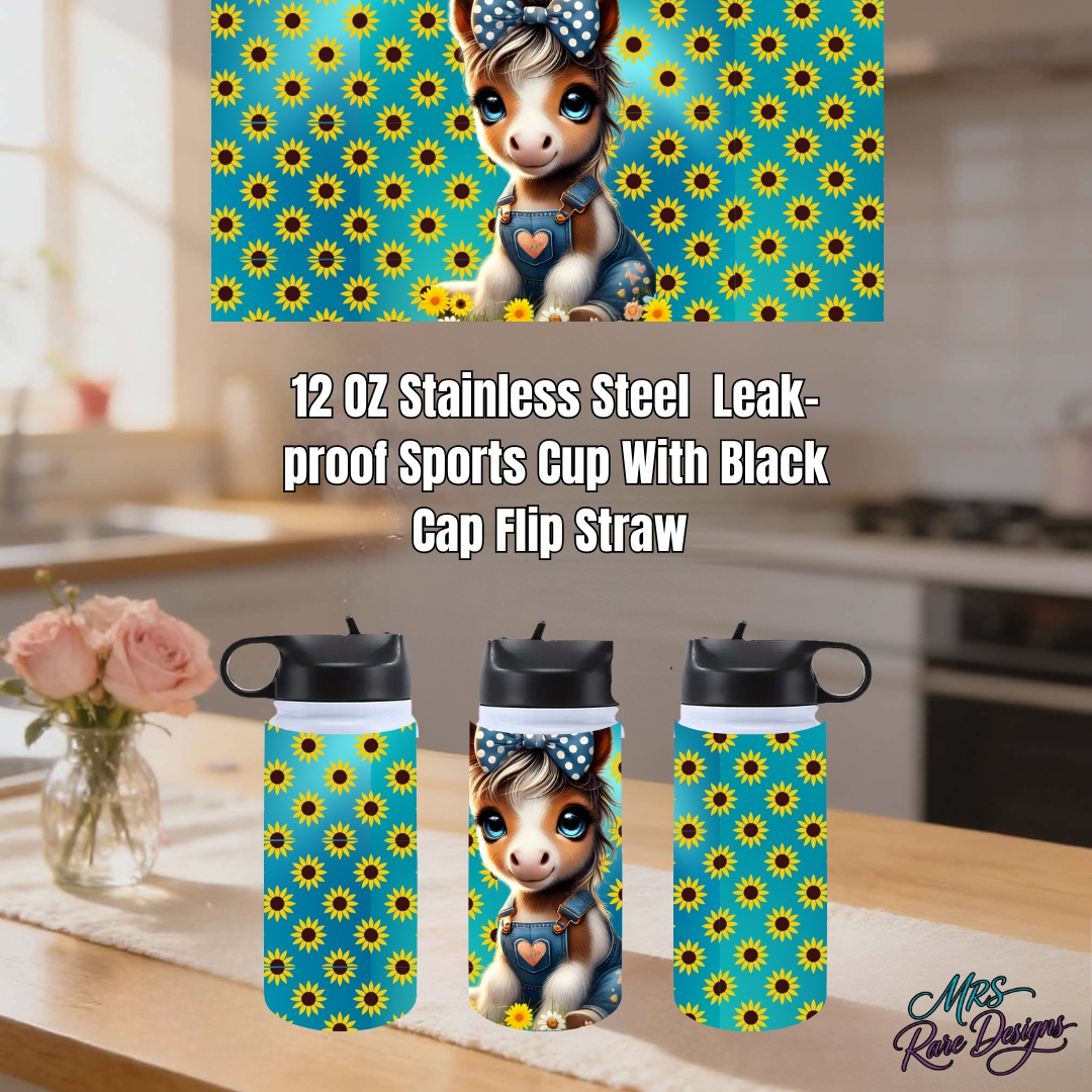 Cute Baby Donkey & Sunflower 12oz Stainless Steel Sports Cup – Leak-Proof Flip Straw Bottle