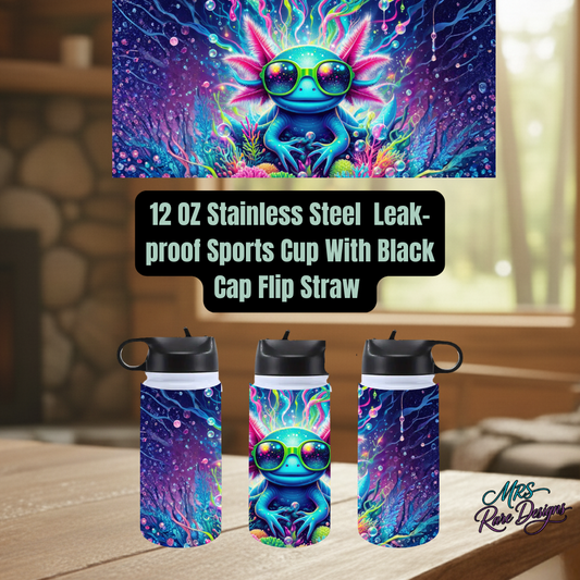 12oz axolotl stainless steel sports cup with flip straw lid. Leakproof, durable, and perfect for kids, school, and travel hydration.