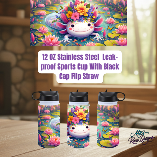 Whimsical Axolotl Blossom 12oz Stainless Steel Sports Cup with Flip Straw Lid