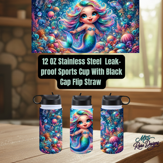 12oz Stainless Steel Mermaid Kids Sports Cup – Leak-Proof Flip Straw Tumbler by Mrs Rare Designs