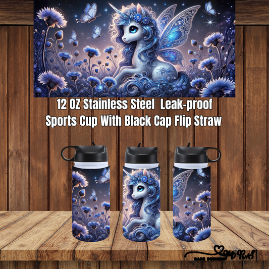 Enchanted Unicorn Garden – 12 oz Stainless Steel Leak-Proof Sports Cup (Black Flip-Straw Cap)