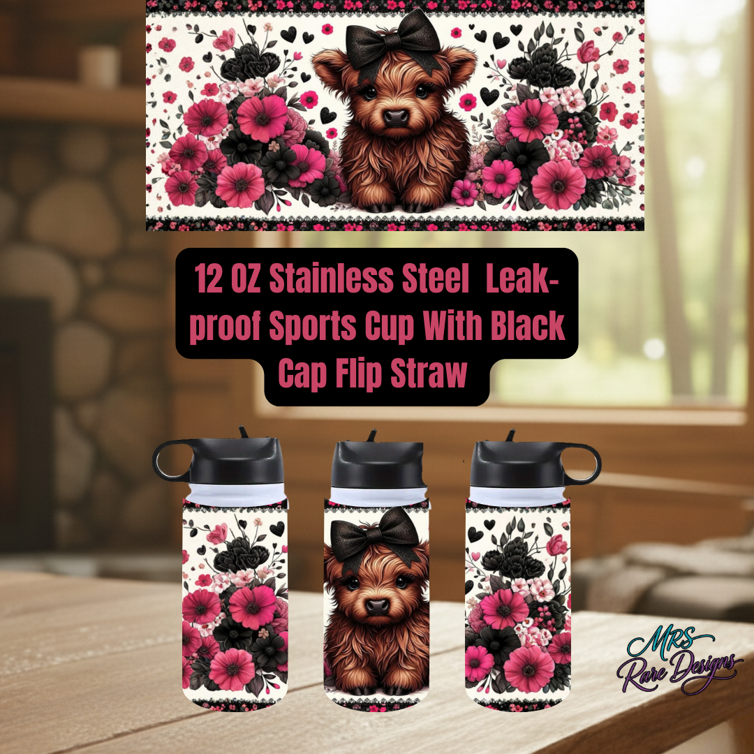 Highland Cow 12oz Stainless Steel Tumbler Collection – Rustic Farmhouse Drinkware with Lid & Straw