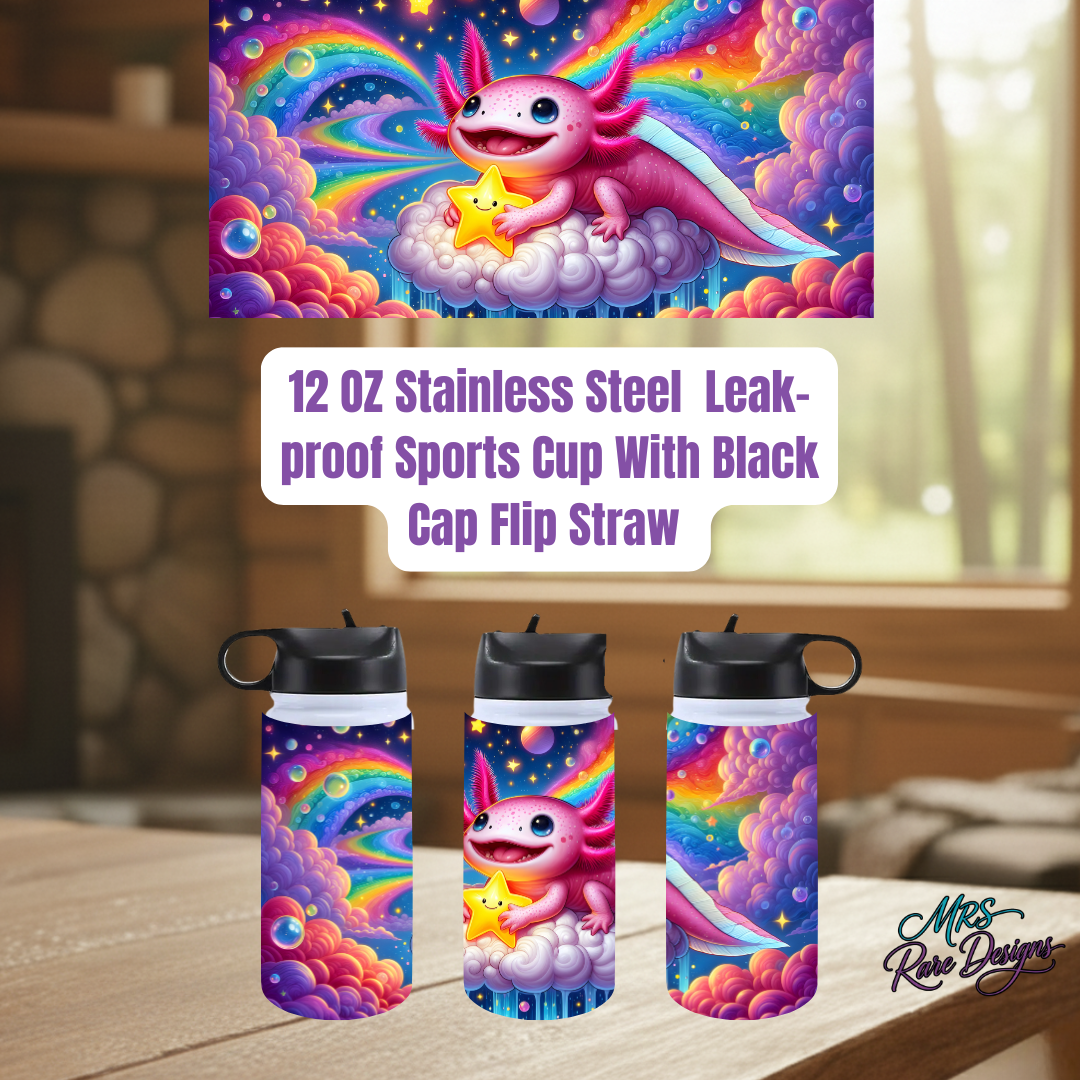 Rainbow Dream Axolotl 12oz Stainless Steel Leak‑Proof Sports Cup with Black Cap Flip Straw