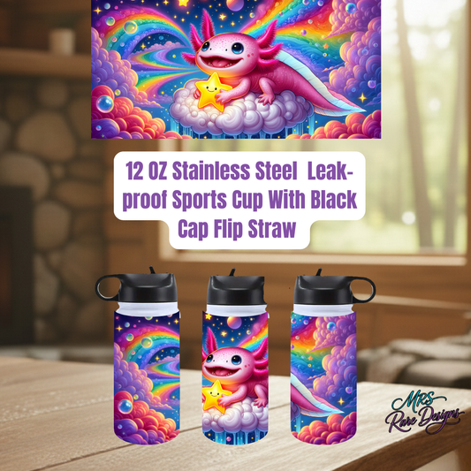 Rainbow Dream Axolotl 12oz Stainless Steel Leak‑Proof Sports Cup with Black Cap Flip Straw