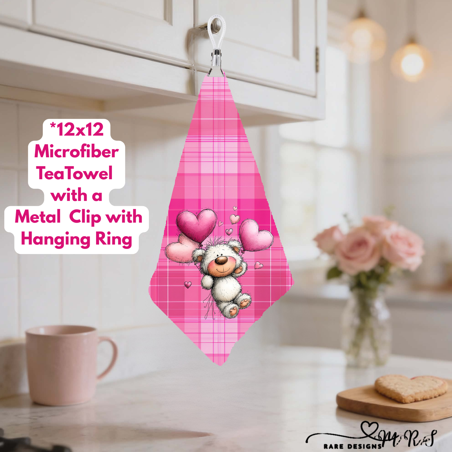 Adorable Teddy Bear Valentine Tea Towel Collection – 12×12 Microfiber Towels with Hanging Clip