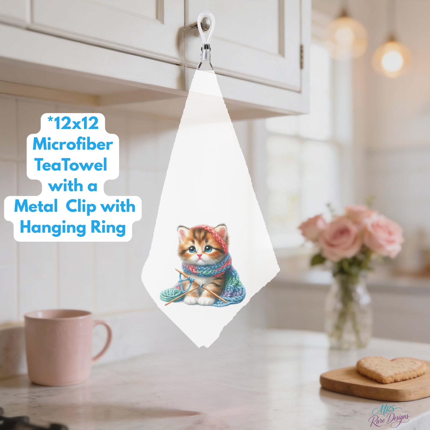 Knitting Kittens Microfiber Tea Towel Collection – 12x12 Decorative Kitchen Towels with Metal Clip & Hanging Ring
