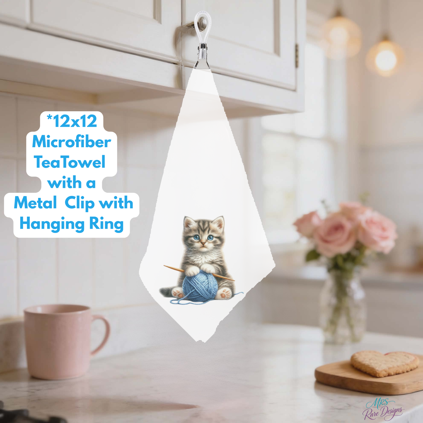 Knitting Kittens Microfiber Tea Towel Collection – 12x12 Decorative Kitchen Towels with Metal Clip & Hanging Ring