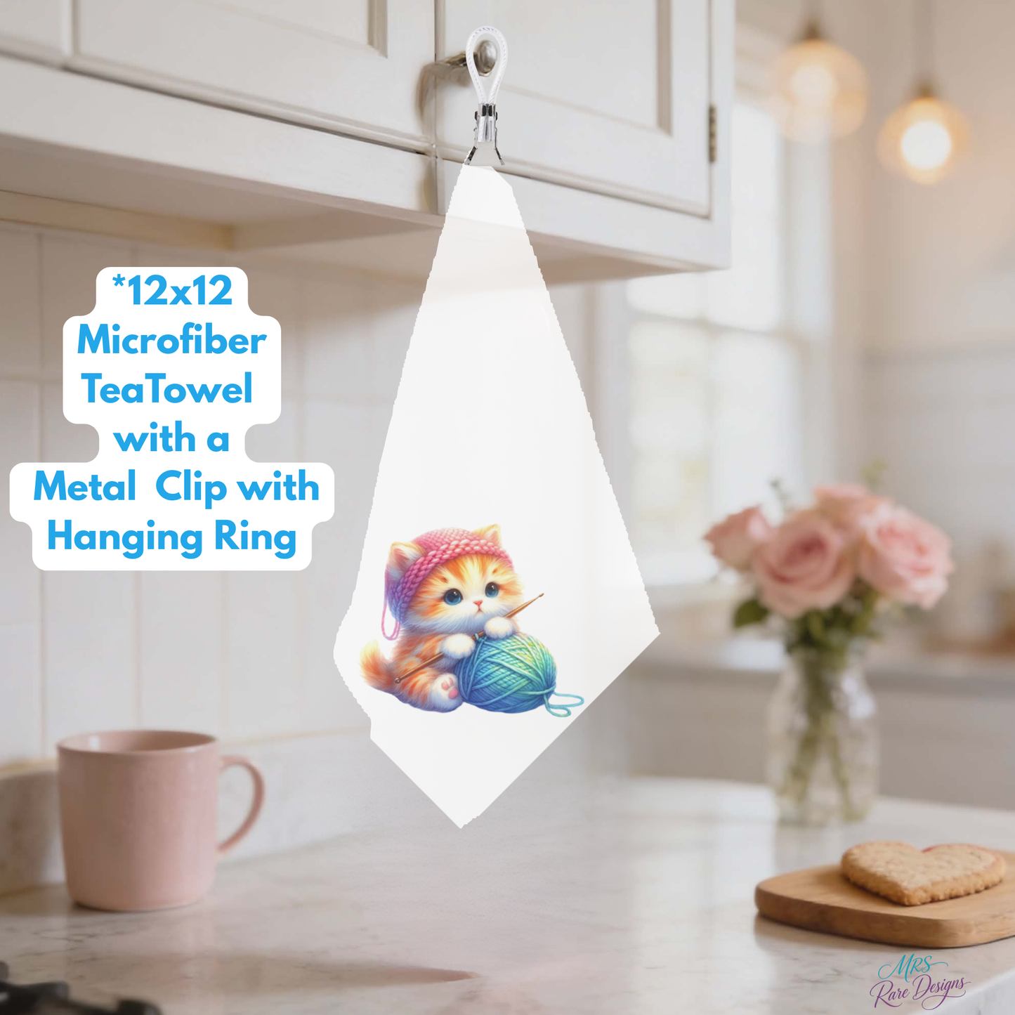 Knitting Kittens Microfiber Tea Towel Collection – 12x12 Decorative Kitchen Towels with Metal Clip & Hanging Ring