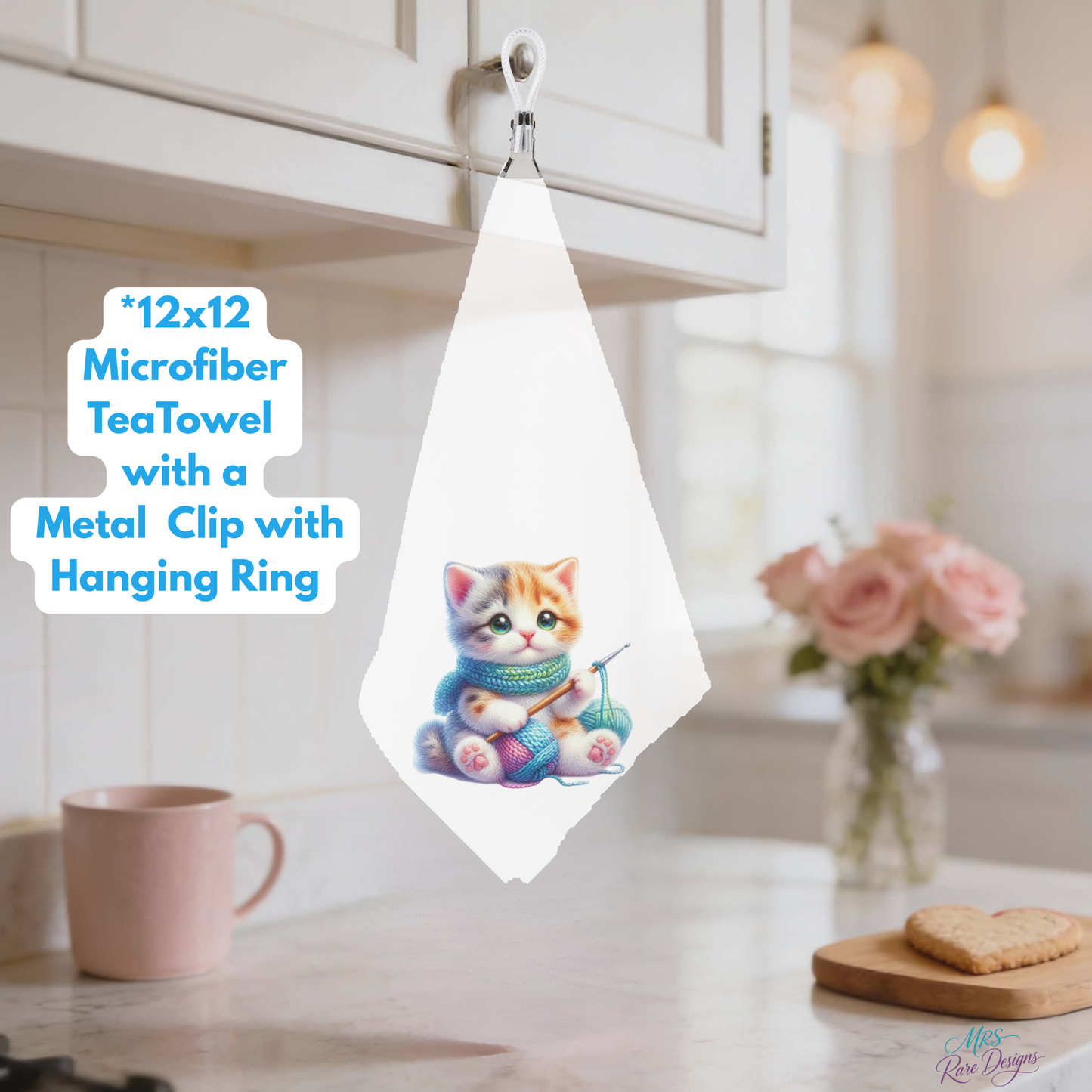 Knitting Kittens Microfiber Tea Towel Collection – 12x12 Decorative Kitchen Towels with Metal Clip & Hanging Ring