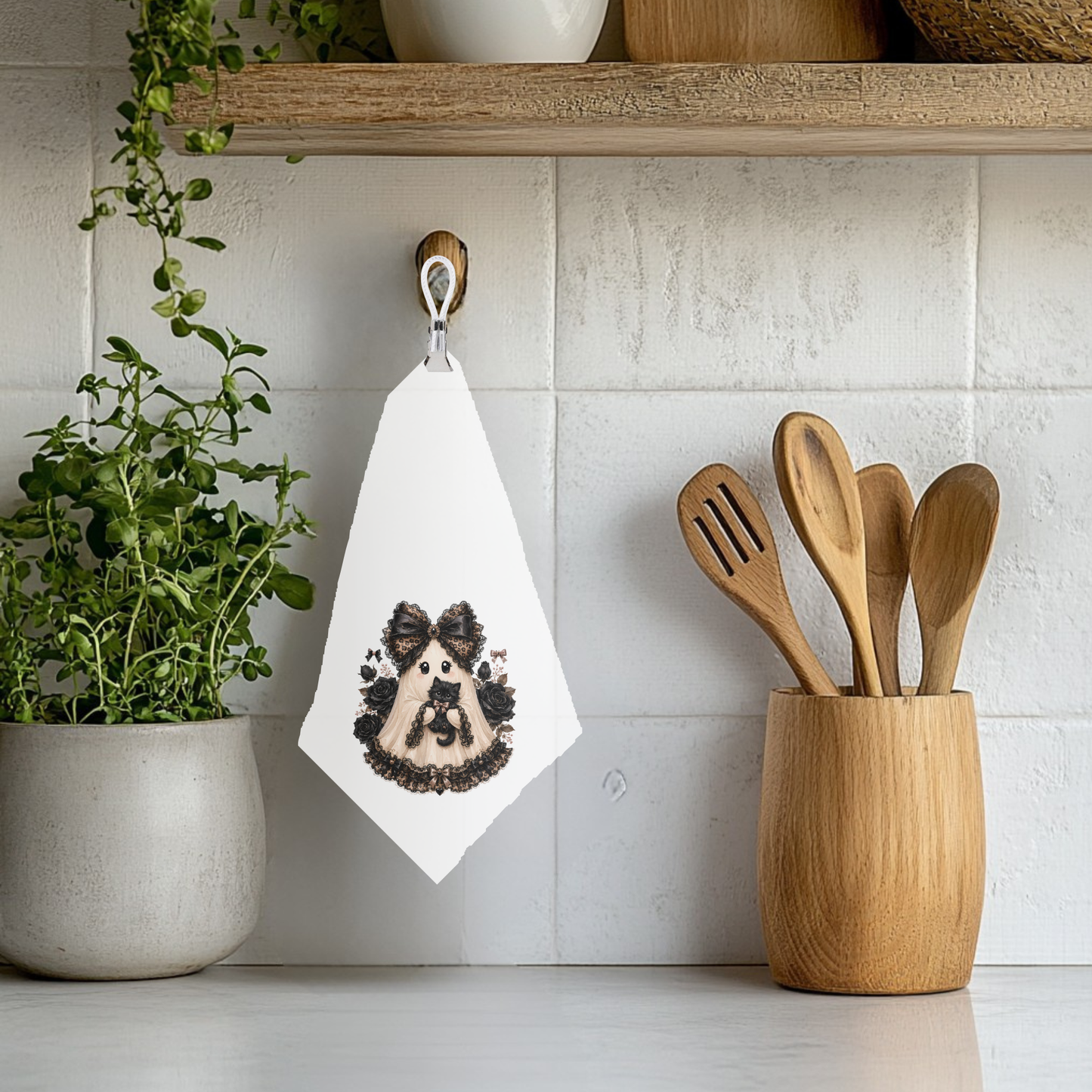 🖤 "Boo & Whiskers" Hanging Kitchen Towel