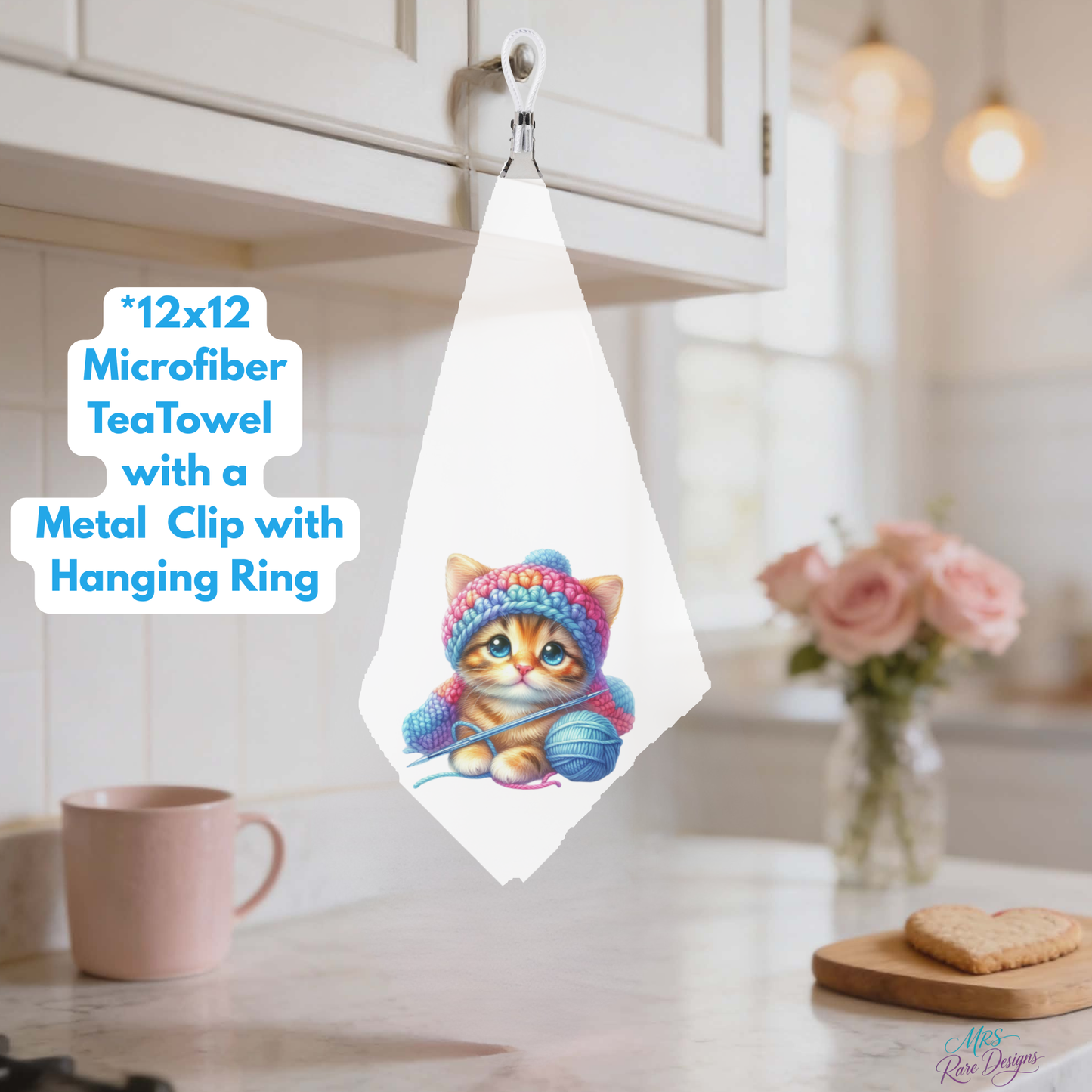 Knitting Kittens Microfiber Tea Towel Collection – 12x12 Decorative Kitchen Towels with Metal Clip & Hanging Ring