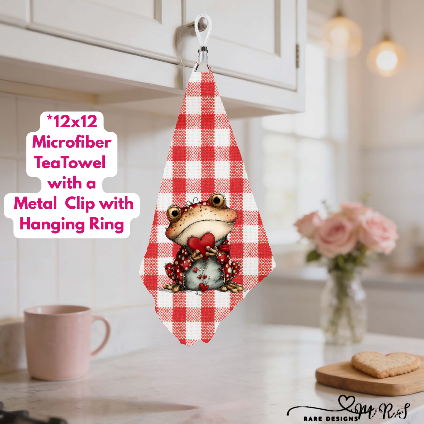 Whimsical Love Frogs – 12x12 Microfiber Tea Towel Collection with Metal Clip & Hanging Ring