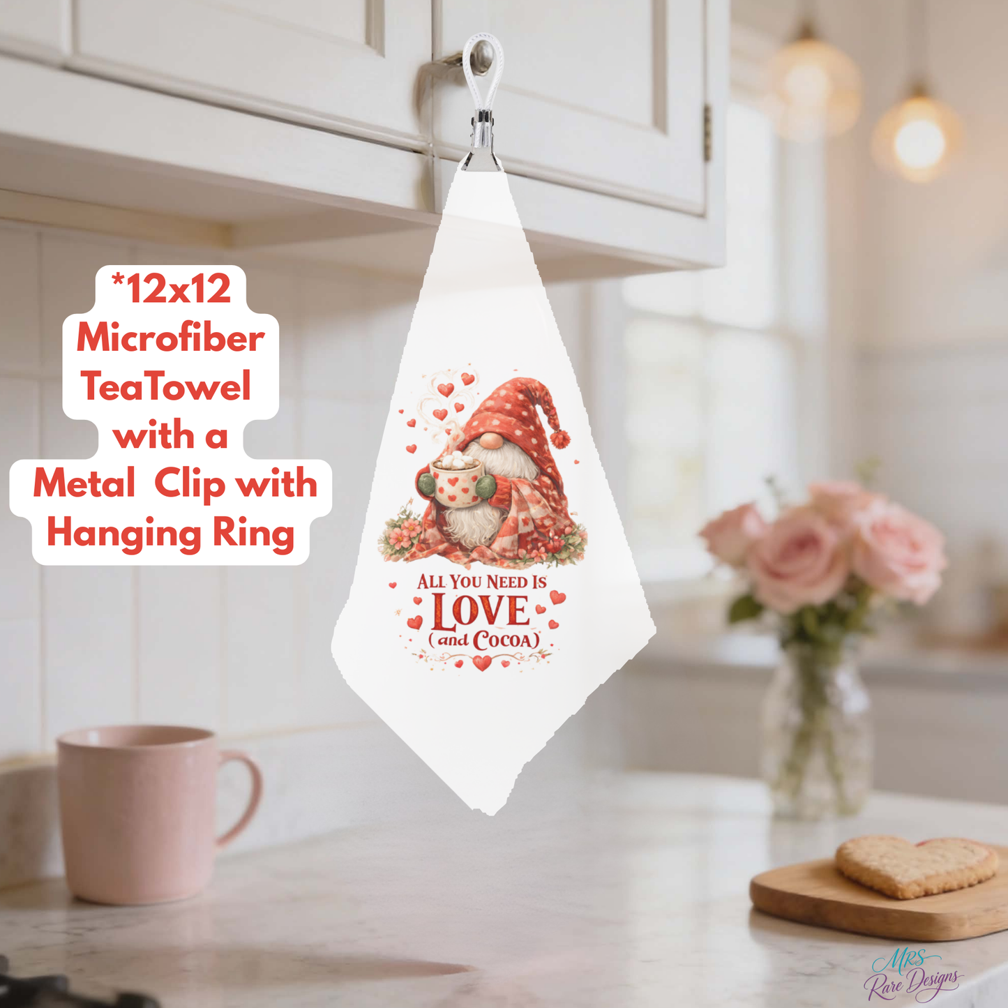 Love Collection Microfiber Tea Towels – 12x12 Decorative Kitchen Set with Hanging Clip