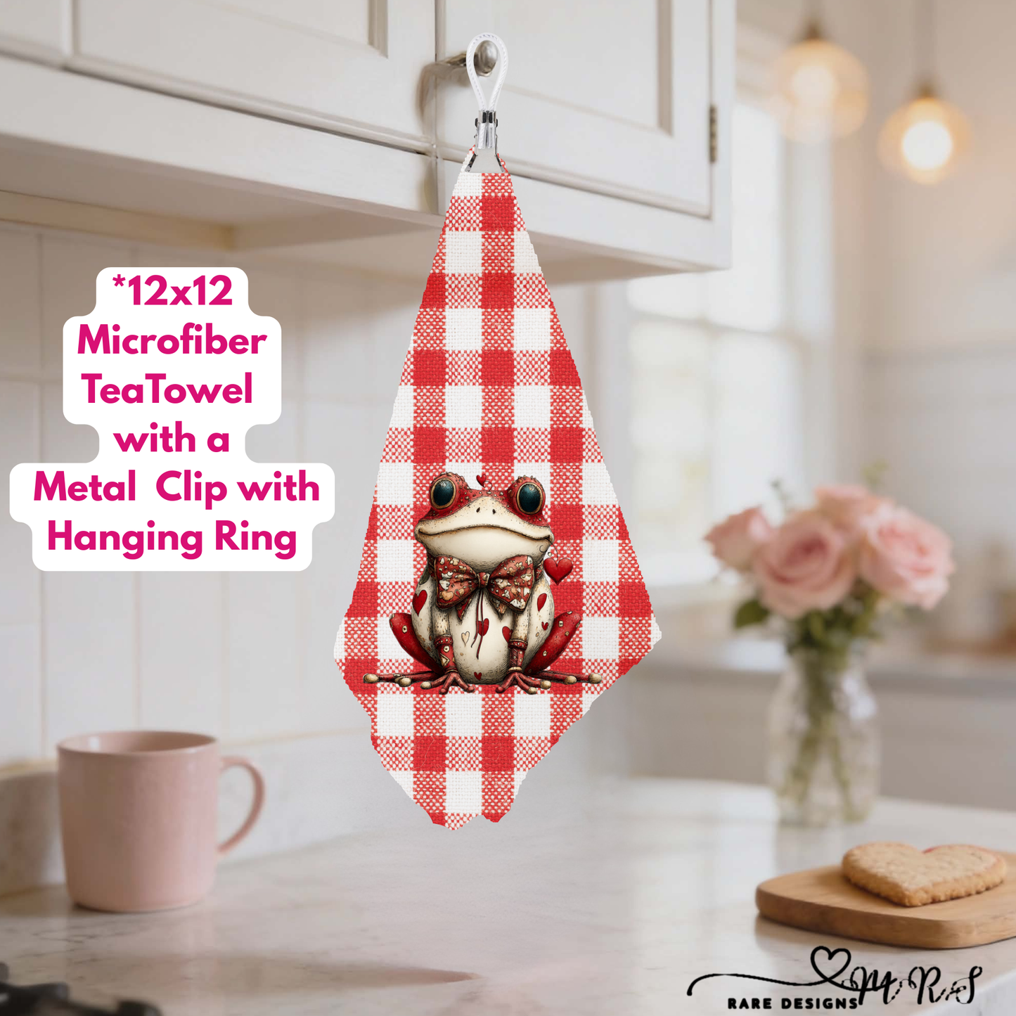 Whimsical Love Frogs – 12x12 Microfiber Tea Towel Collection with Metal Clip & Hanging Ring