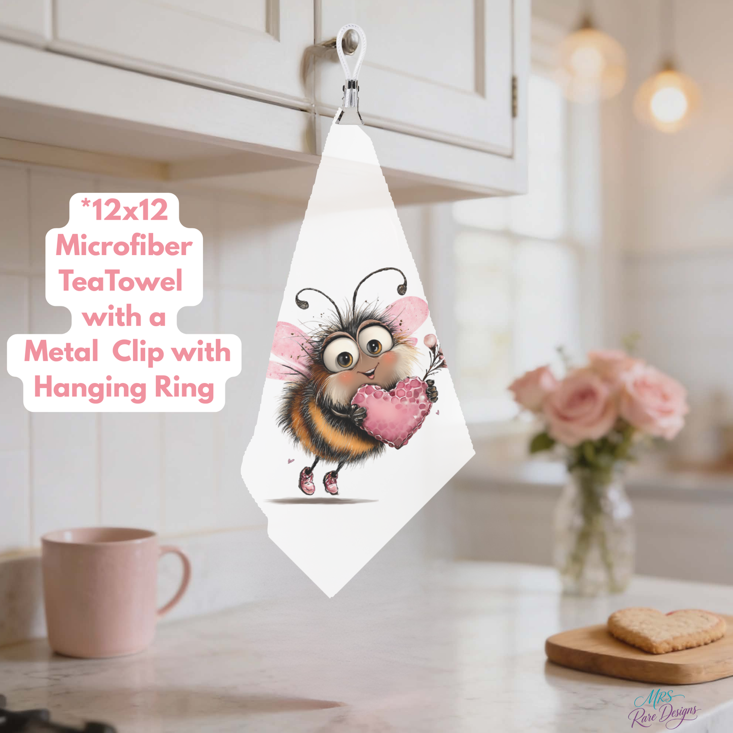 Bee Cozy Collection – 12x12 Microfiber Tea Towels with Metal Clip & Hanging Ring by Mrs. Rare Designs