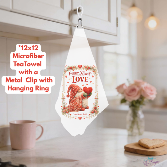 Love Collection Microfiber Tea Towels – 12x12 Decorative Kitchen Set with Hanging Clip