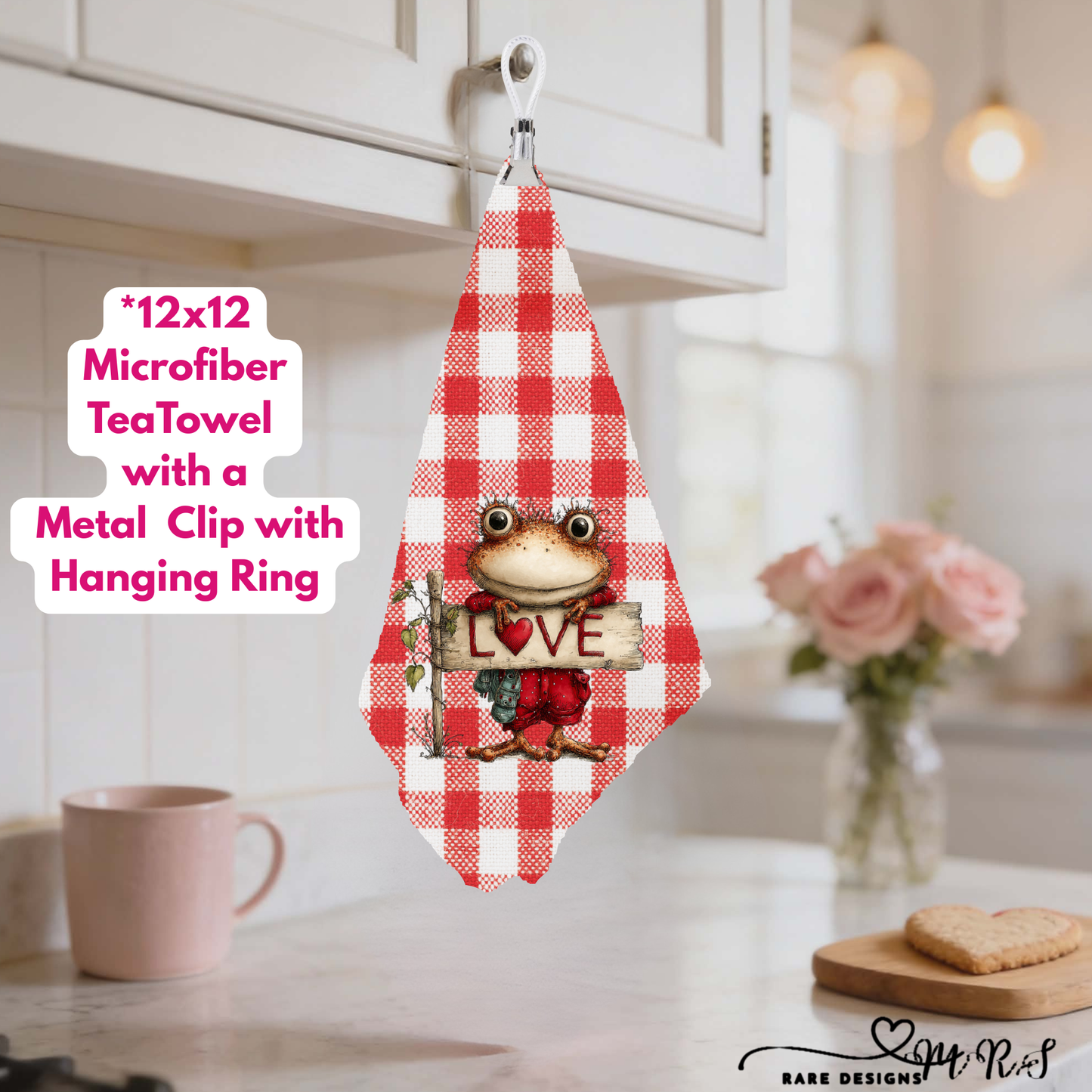Whimsical Love Frogs – 12x12 Microfiber Tea Towel Collection with Metal Clip & Hanging Ring