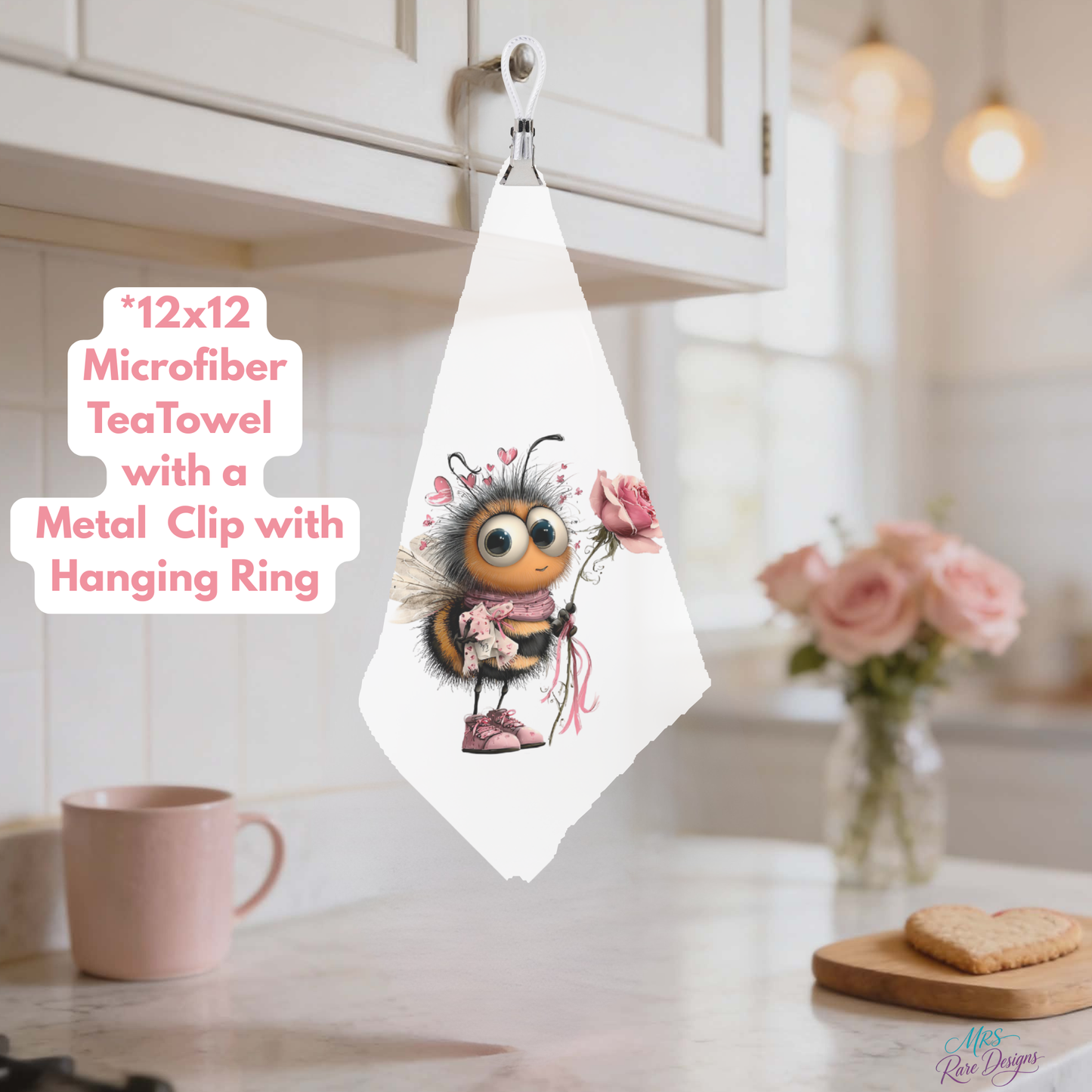 Bee Cozy Collection – 12x12 Microfiber Tea Towels with Metal Clip & Hanging Ring by Mrs. Rare Designs